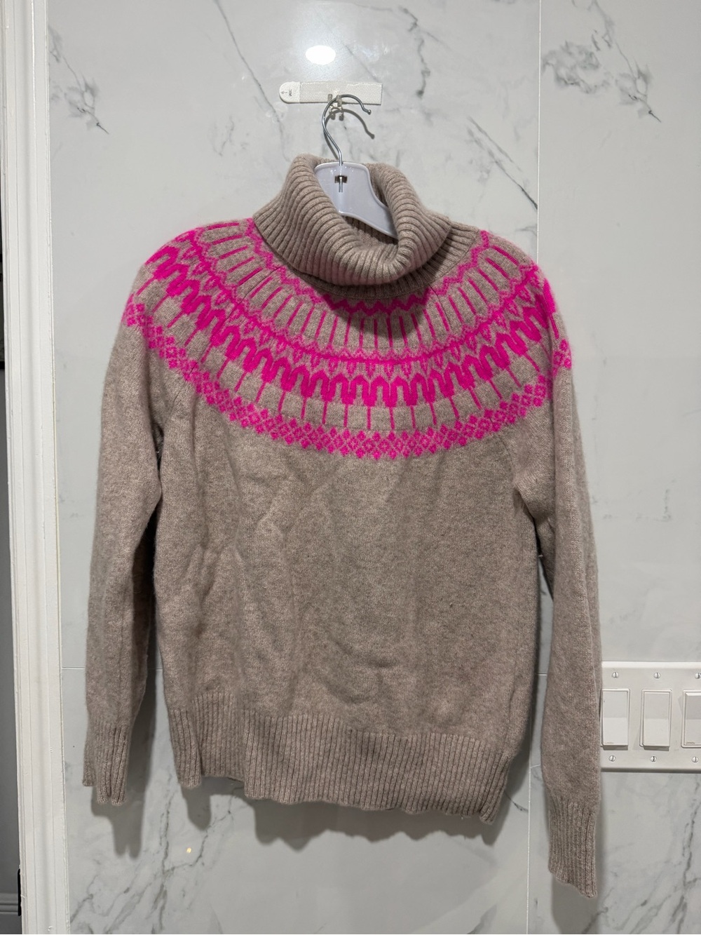 Women’s Taupe Turtleneck Sweater with Pink Fair Isle Yoke XL